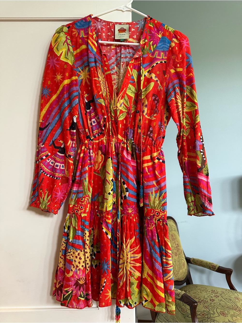 FARM Rio Vibrant Red Multicolor Printed V-Neck Tiered Dress